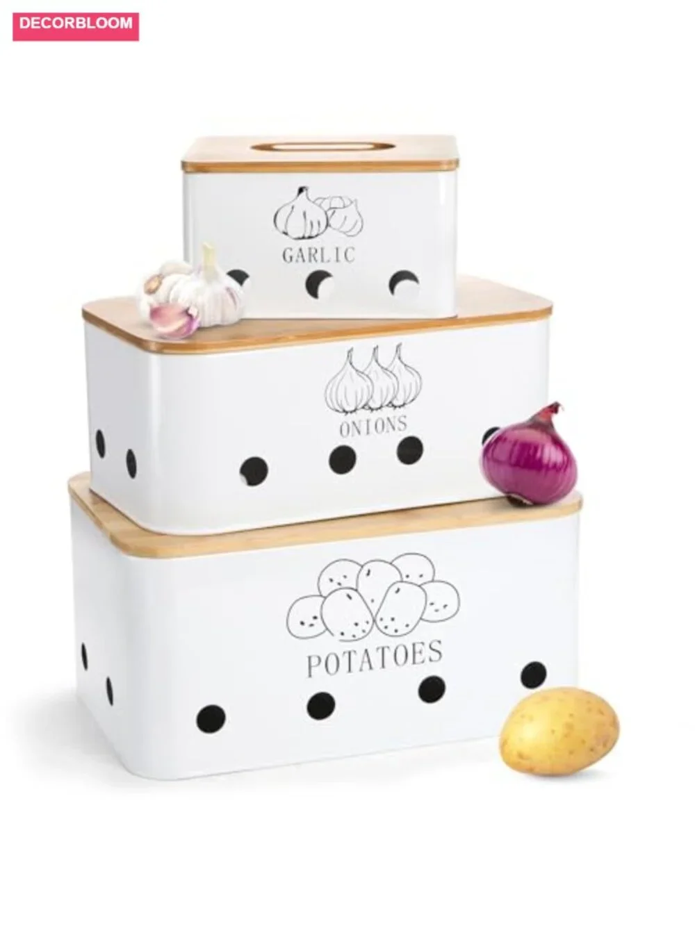 3 Pack Potato Onion Garlic Storage Set with Bamboo Lids, Metal Containers